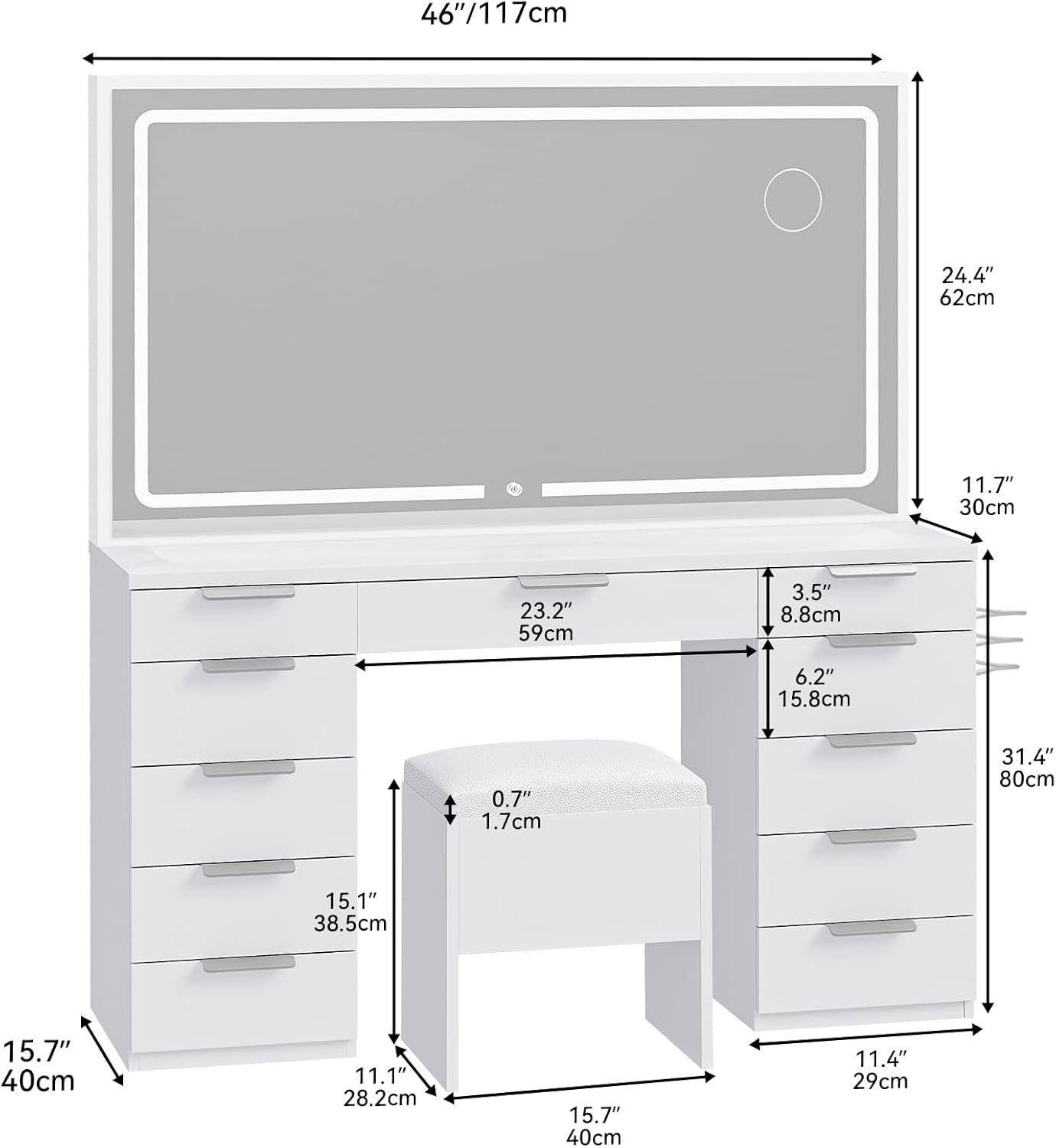 Detailed Dimensions Diagram of DWVO Makeup Vanity
