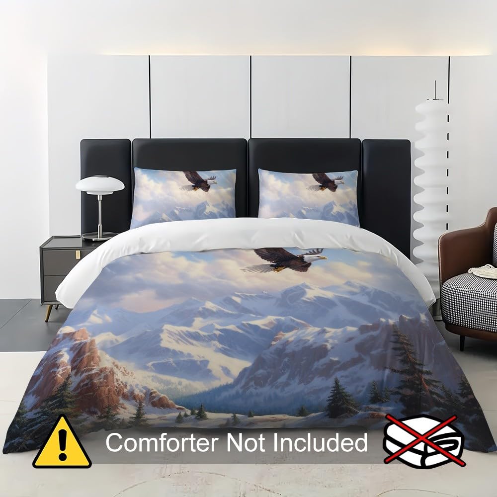 3-częściowy komplet pościeli 200 x 200 cm, z mikrofibry, góry, białe orły, krajobraz, poszewka na poduszkę z zamkiem błyskawicznym, 80 x 80 cm, naturalny, oddychający, nie wymaga prasowania i miękka