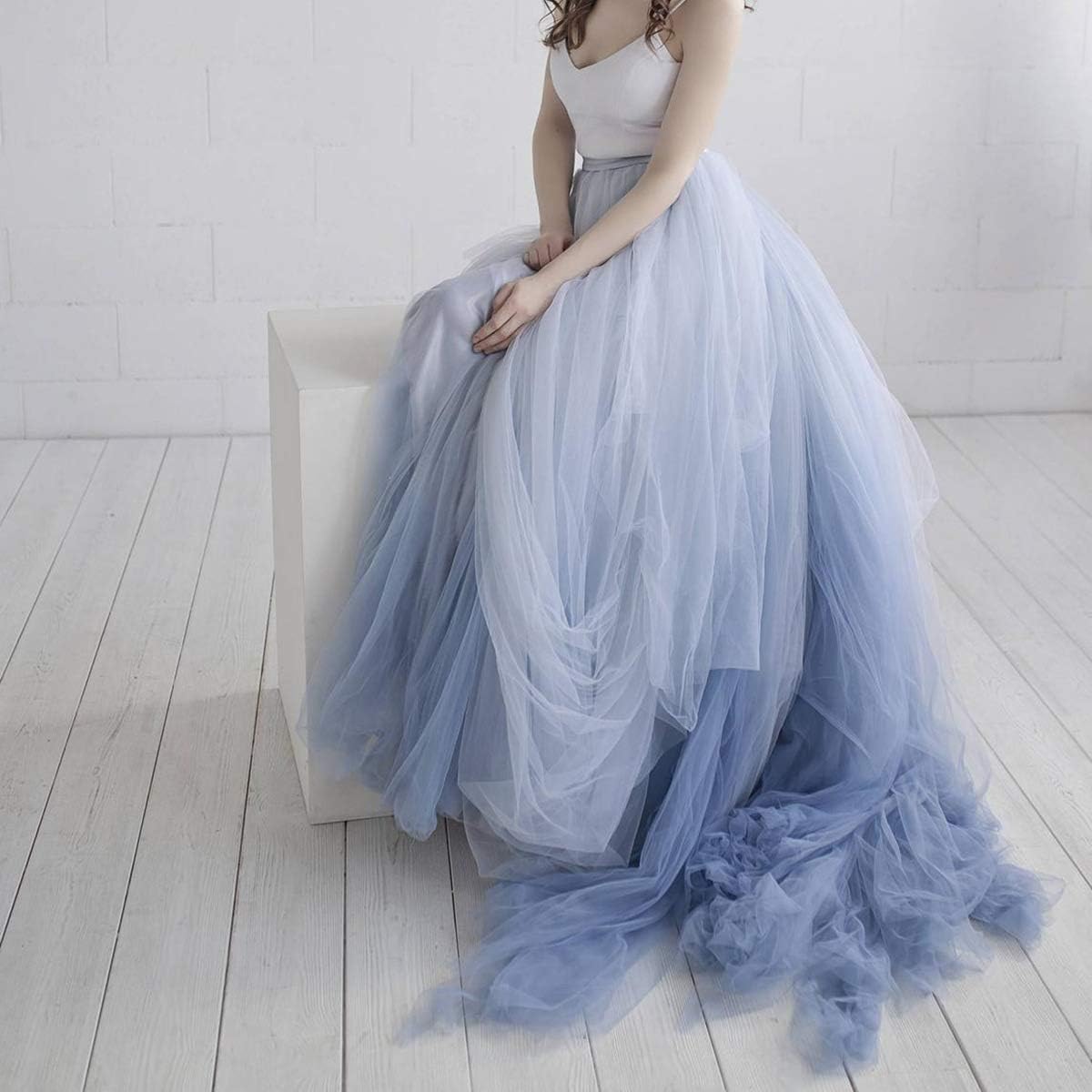 WDPL Women's High Waist Maxi Blue Cowl Wedding Tulle Bridal Skirt with Long Train