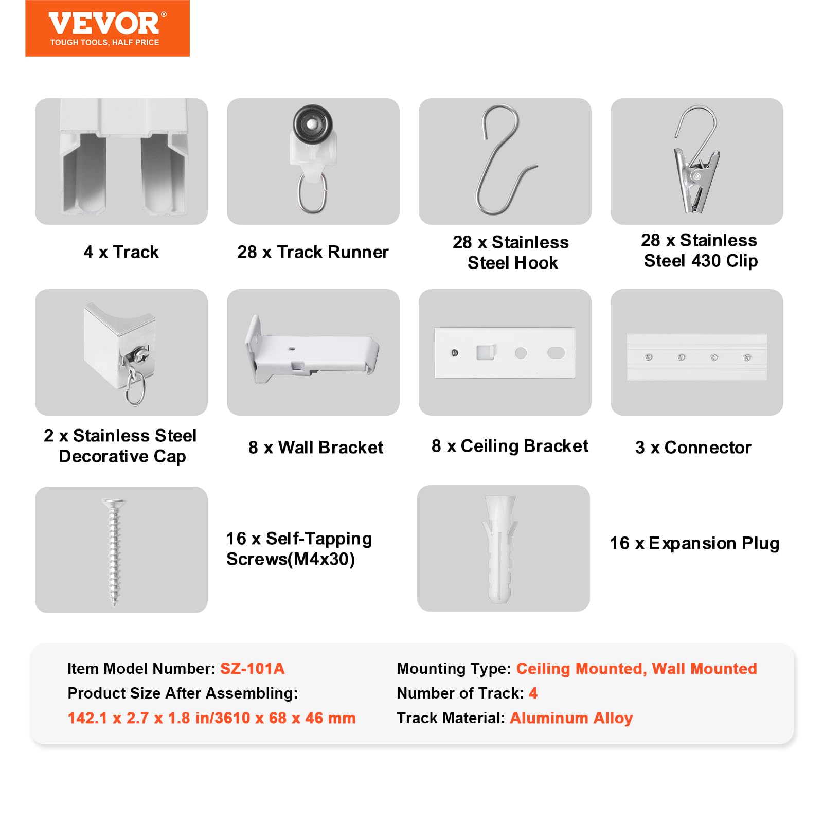 VEVOR Ensemble de rails de rideaux de plafond (3,6 m)