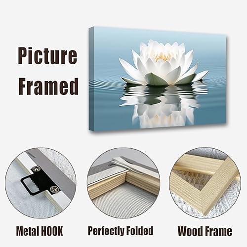 Miniatura 6 de LZIMU Lienzo decorativo para pared, diseño de flor de loto blanco que florece en el agua, arte de arte verde azulado, decoración de baño enmarcada