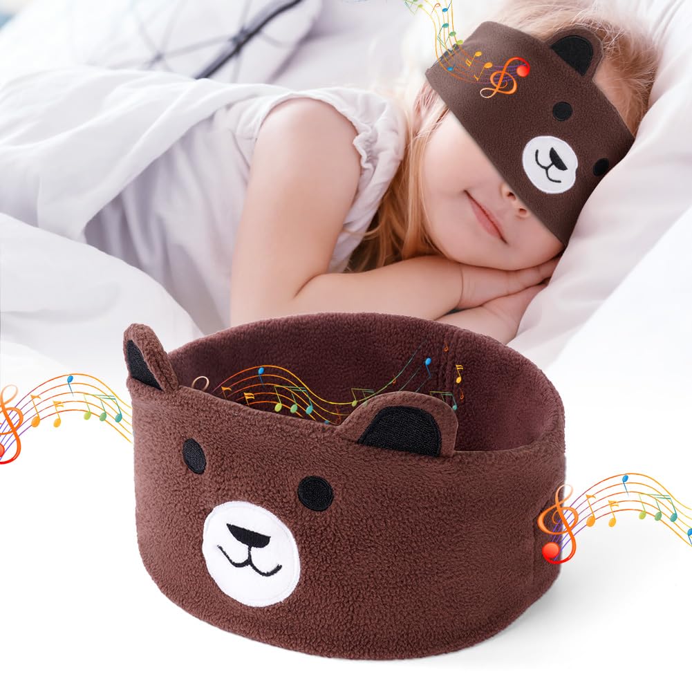 OFFCUP Masque de Nuit Enfant, 100% Occultant Masque de Sommeil, Bandeau Bluetooth Mignon, Doux et Confortable pour Dormir Masques pour les Yeux, Casque de Sommeil sans Fil pour Homme Femme -Ours