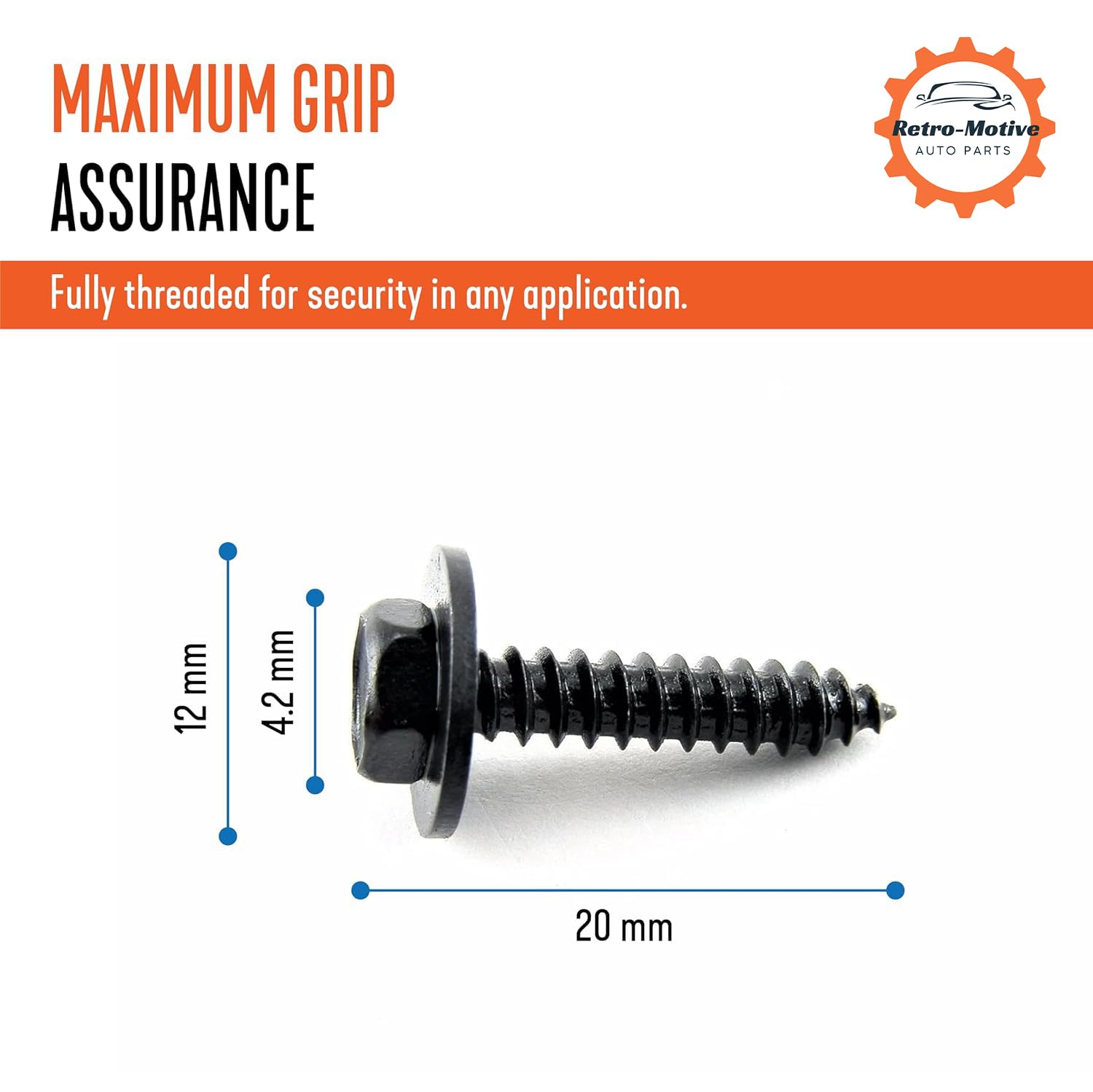 GM Dashboard Screws – M4.2 X 20mm, 7mm Hex Head, 12mm Washer – 25-Pack (DB#229) – Black, Made In USA