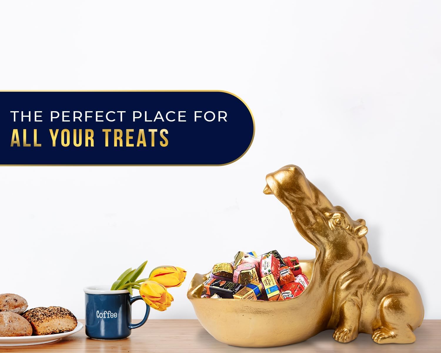 Comfify Hip Hippo Resin Figurine – Funky Hippopotamus Sculpture with Open Bowl Design for Snacks, Keys, or Trinkets – Decorative Holder with Elegant Golden Finish – Playful Accent for Modern Decor