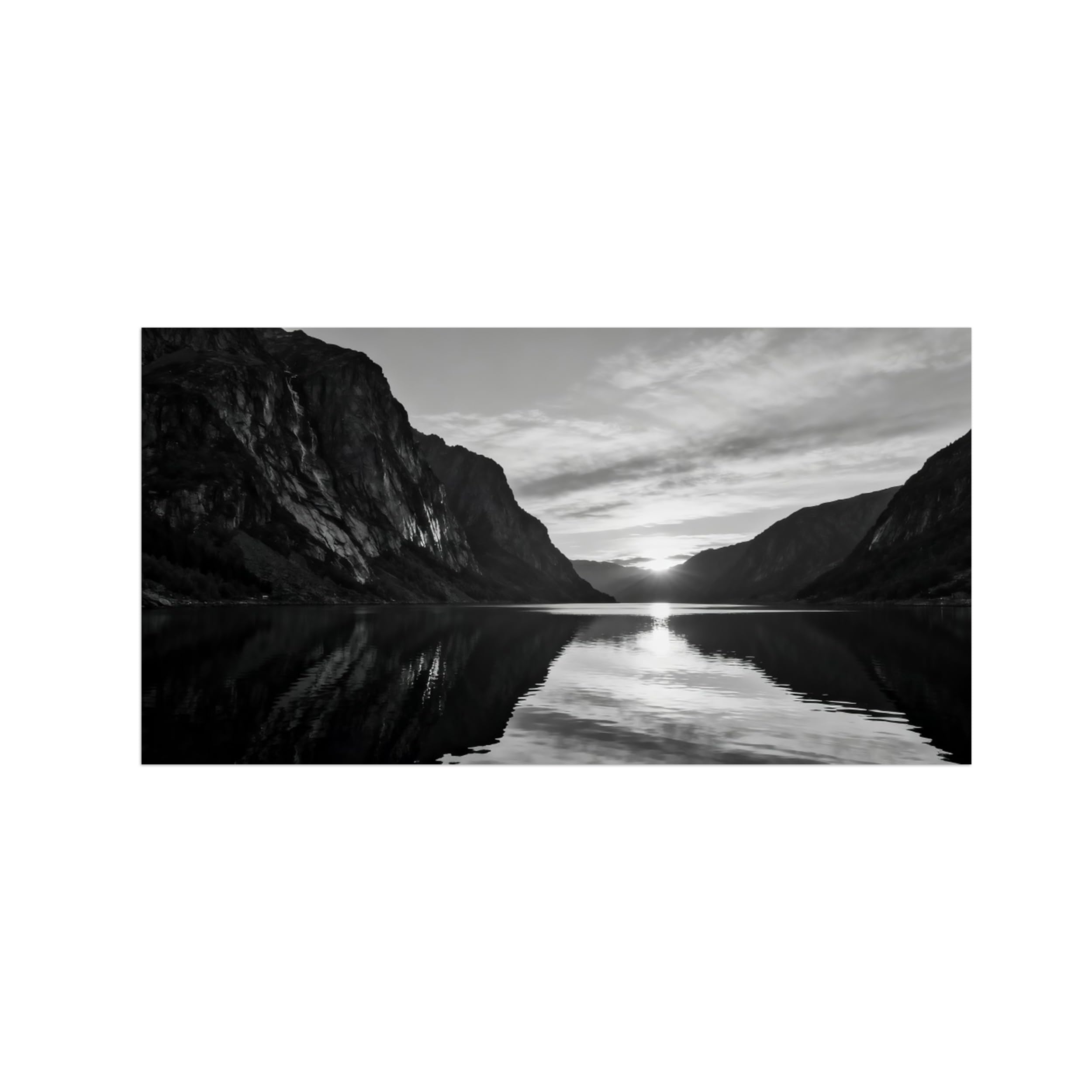 Black White Landscape Wall Art. Mountain Lake 4. Picture 30x60cm Framed