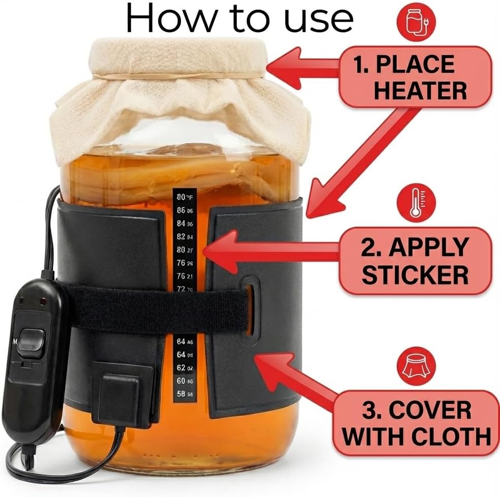 Kombucha Heating Wrap for Homebrew Heating - Fermentation Heating Pad with - Kombucha Warmer - Wrap Around Heater for making Kombucha and other Brews with Thermometer (HEATING PAD + WRAP)