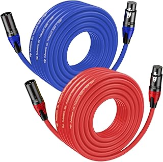XLR Cables 50 FT 2 Pack, Premium Balanced Microphone Cable with 3-Pin XLR Male to Female Mic Speaker Cable, Professional Balanced Microphone Lead, Extension Mic Cable Cord (Blue, Red)