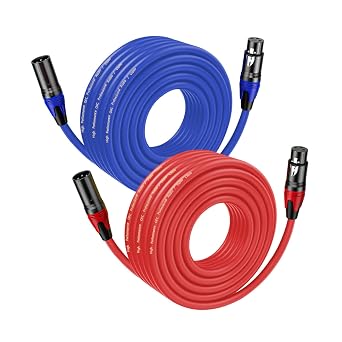 XLR Cables 50 FT 2 Pack, Premium Balanced Microphone Cable with 3-Pin XLR Male to Female Mic Speaker Cable, Professional Balanced Microphone Lead, Extension Mic Cable Cord Blue, Red