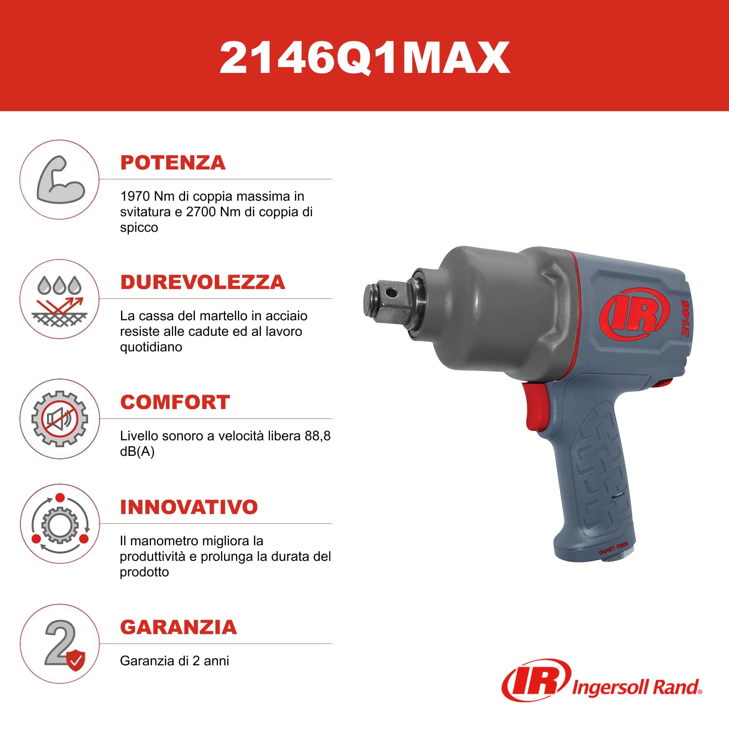 Ingersoll-Rand 2146Q1MAX Avvitatore a Impulsi 3/4" - Pneumatico Potente con Coppia Massima di 1.970 Nm - Materiale Composito, Bassa Rumorosità
