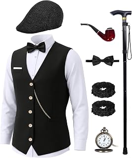 1920s Mens Costume Set-Roaring 20s Gangster Outfit with Fedora Hat, Vintage Vest, Pocket Watch & Clip-on Bow Tie