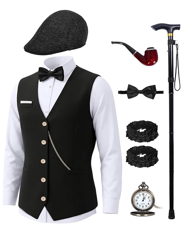 Treature 1920s Mens Costume Set-Roaring 20s Gangster Outfit with Fedora Hat, Vintage Vest, Pocket Watch & Clip-on Bow Tie (Black 7PCS, XL) by Treature - Used condition - US$29.94