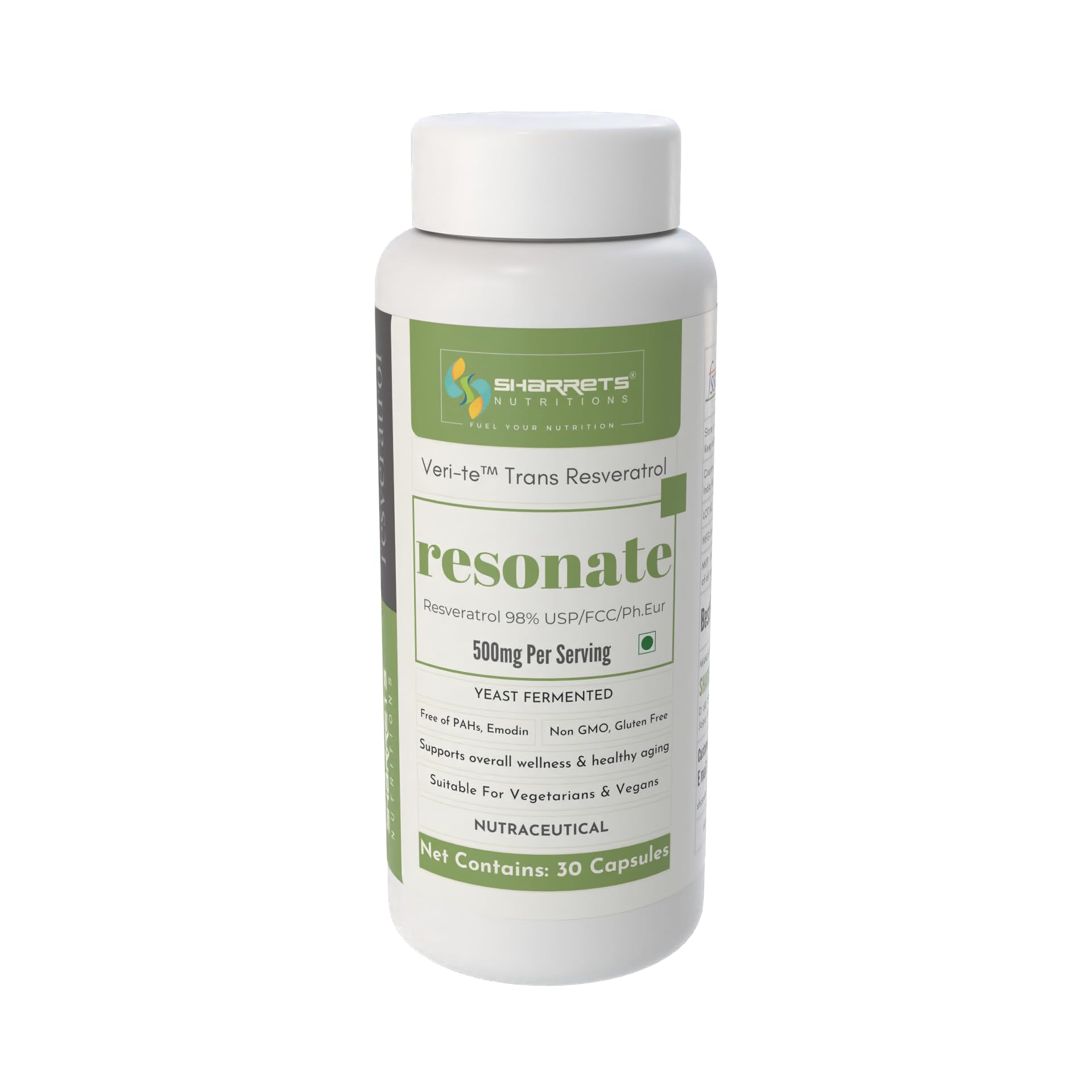 Resonate 500mg - Trans Resveratrol Supplement, 30 Vegan Friendly Capsules- Swiss-made Ingredient for Optimal Health