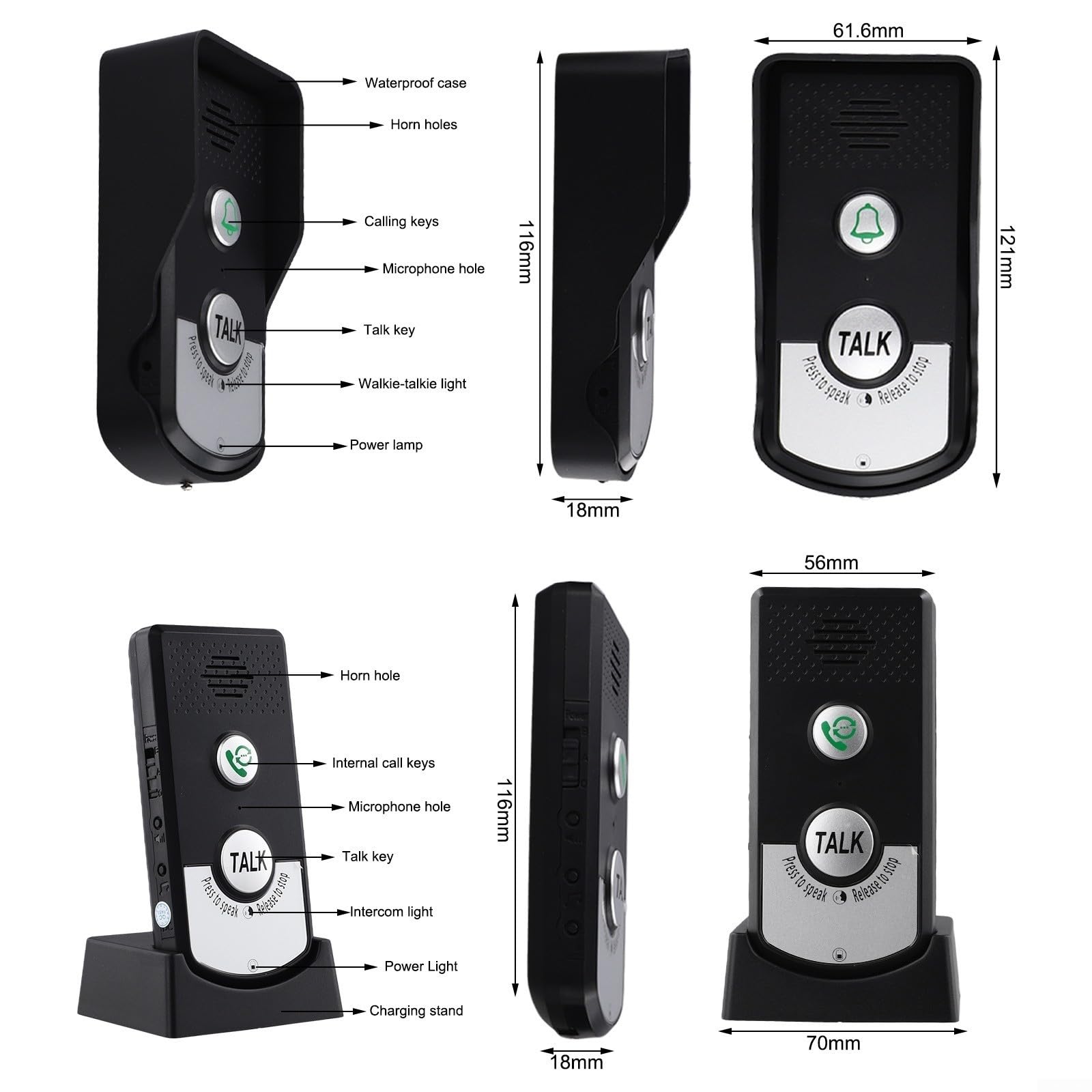Campanello intelligente wireless con portata di 1000 m, citofono, audio a 2 vie, impermeabile, batteria da 2000 mAh, per ville e condomini, nero/bianco (nero)