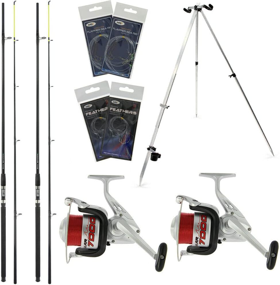 2x Sea Fishing Beach Caster 12ft 2pc Rod & Reel Setup 20lb Line & Tripod Stand | Feathers | Sea Rigs