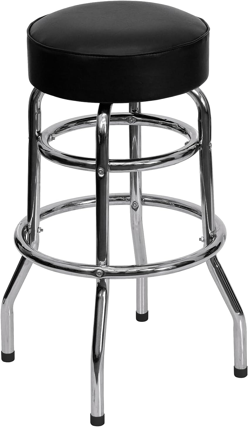 Flash Furniture Bruno Double Ring Chrome Backless Barstool with Black Upholstered Seat and Integrated Footrest