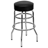 Flash Furniture Bruno Double Ring Chrome Backless Barstool with Black Upholstered Seat and Integrated Footrest