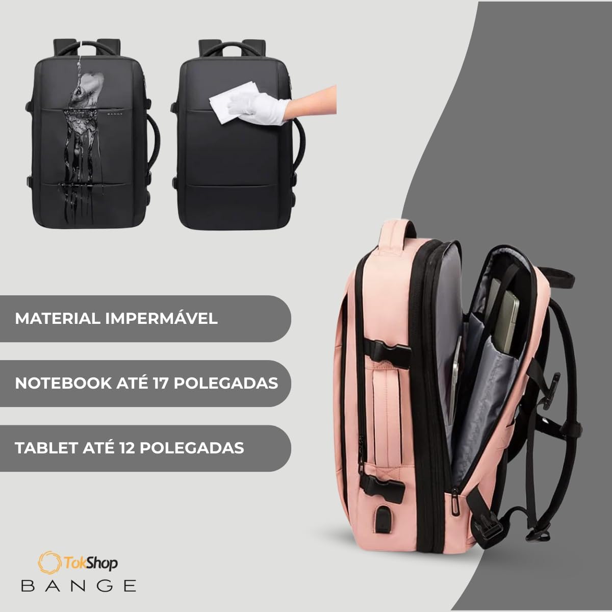 BANGE Mochila Executiva Masculina Reforçada de 40L Expansível Antifurto Impermeável para Notebooks de Até 17.3 Polegadas - Rosa BANGE Mochila Executiva Masculina Reforçada de 40L Expansível Antifurto Impermeável para Notebooks de Até 17.3 Polegadas - Rosa