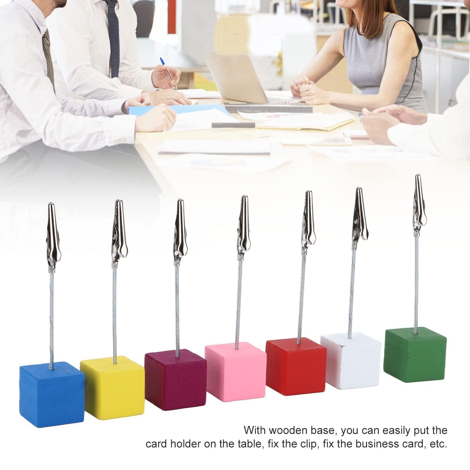 7pcs Card Stands, Simple Portable Table Number Holders with Colorful Wooden Base for Photos Cards Notes Memo