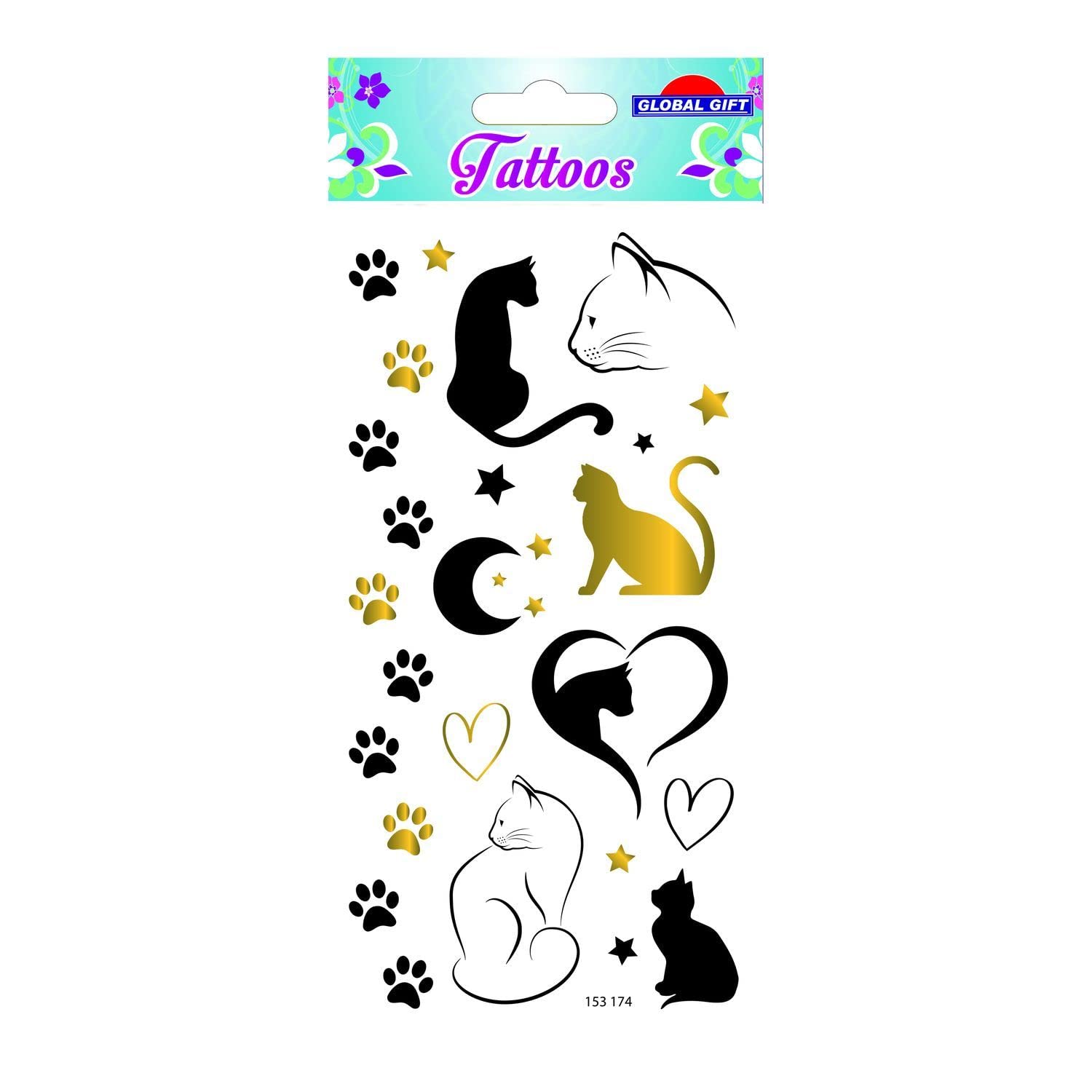 Global Gift Black, Gold Temporary Tattoos - Cats - Black & Gold