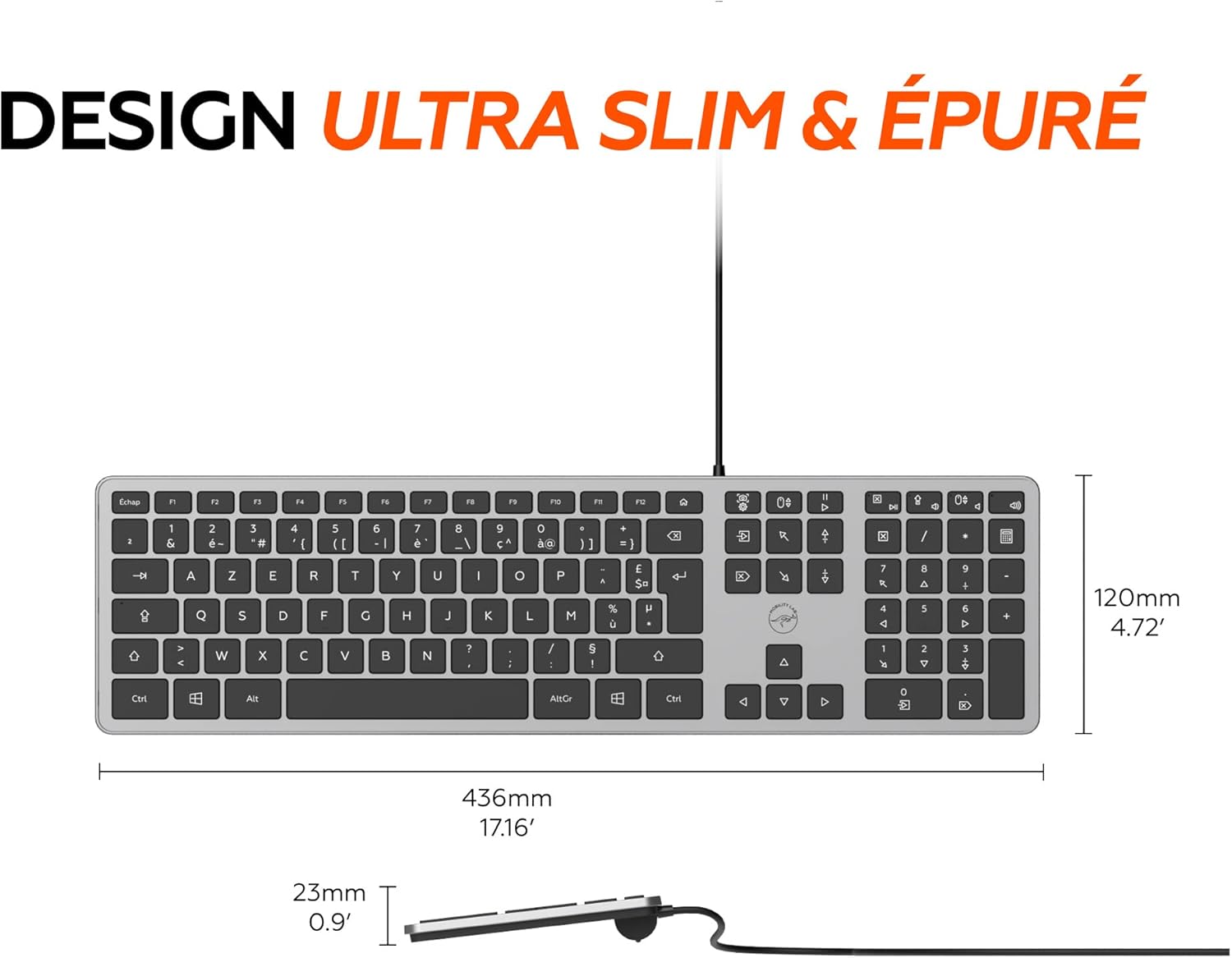 Diagram showing the dimensions of the Mobility Lab Ultra Slim Wired PC Keyboard