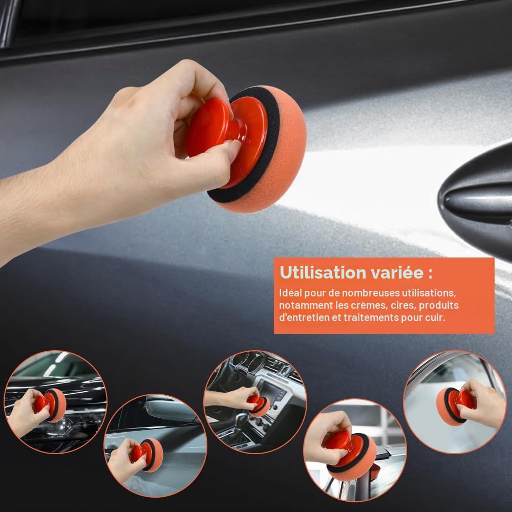 Lot de 6 Éponge de Polissage de Voiture - 90 MM - avec Poignée Antidérapante - Pad à la Main Poignée Pad Polissage Tampon de Polissages Eponge Polissages Voiture pour Voitures et Moto