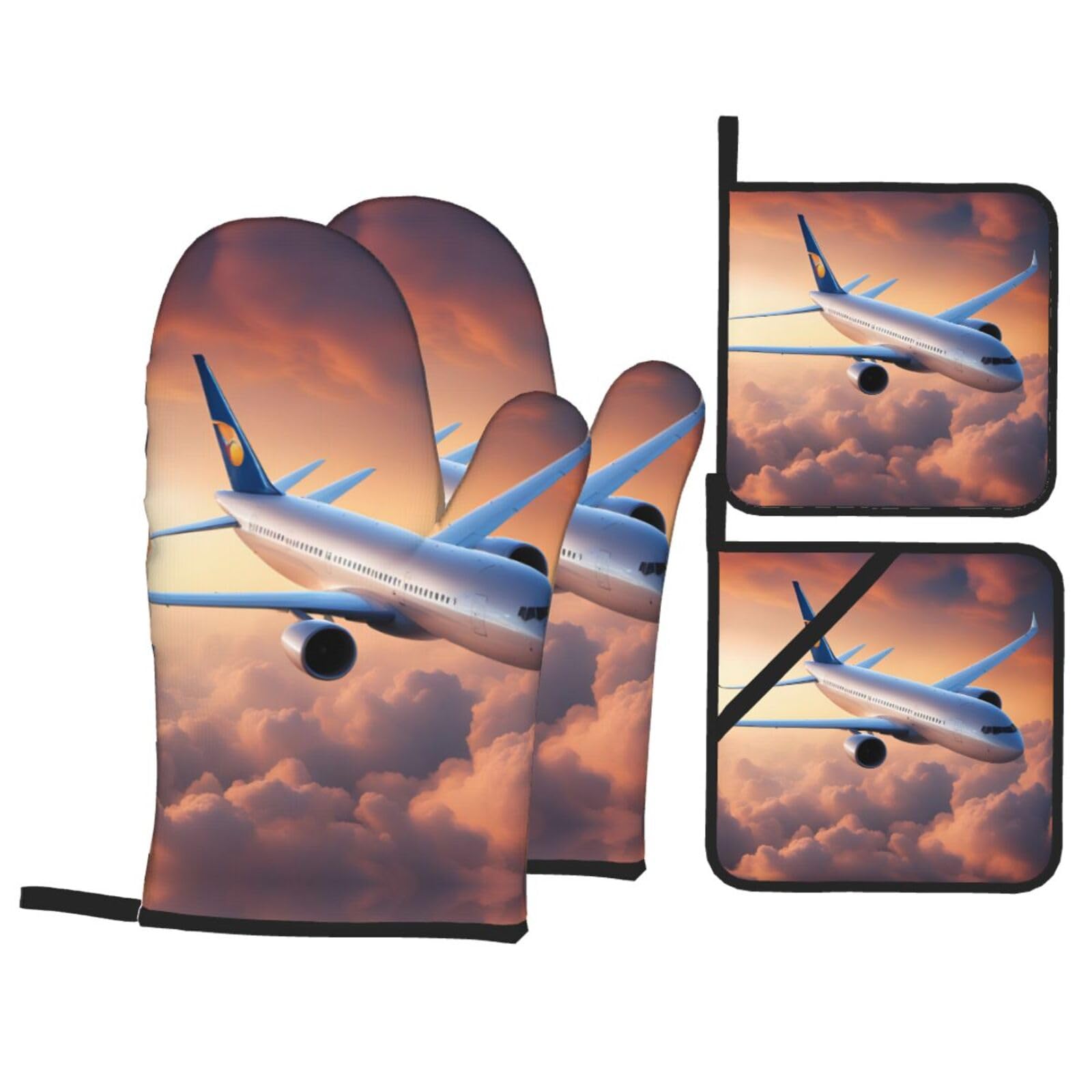 Beautiful Sky Airplane Print Stylish 4-Piece Microwaving Oven Waterproof Kitchen Gloves Baking Holiday Cooking