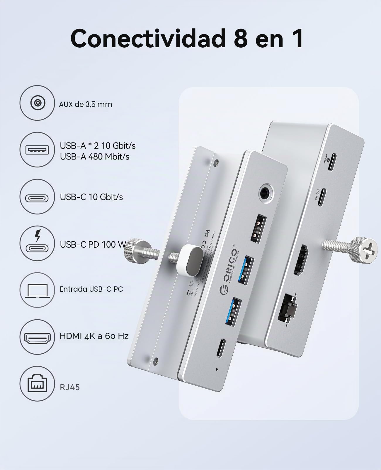 ORICO Estación de Acoplamiento con Clip, Hub USB-C 8 en 1 con HDMI 4K@60Hz, PD 100W, Ethernet Gigabit, 4xUSB, AUX, 10Gbps | para Portátil, MacBook, PC (Adaptador no Incluido)