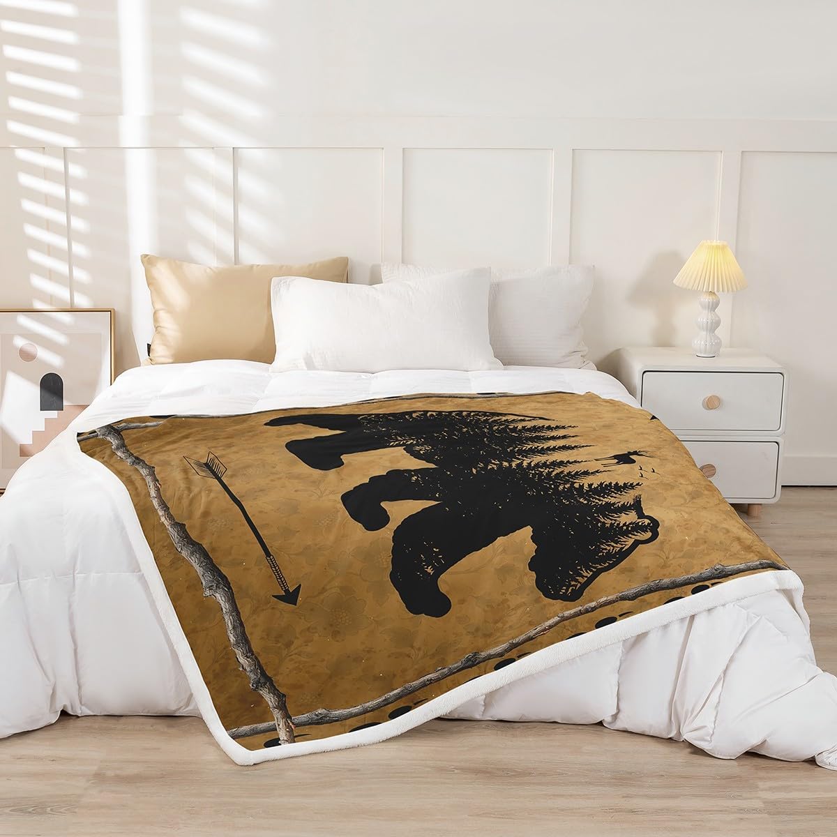 Deer Silhouette Fleece Throw Blanket for Couch,Sofa,Cartoon Super Soft and Warm Blankets,Rustic Wooden Barn Pattern Throw All Season Use,Cozy,Plush,Lightweight,60x80 Inches