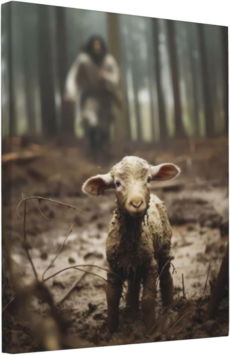 FOSMXA Jesus and Lamb Canvas Wall Art Christian Gifts Jesus Chasing After Lamb Picture Artwork Christ Inspirational Wall Decor for Bedroom Living Room 12x16 Inch