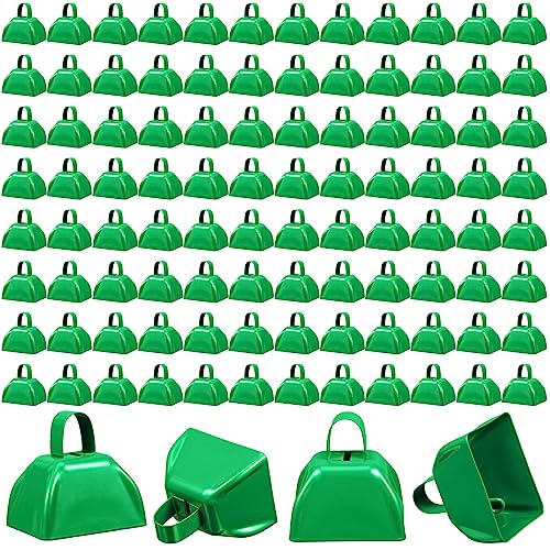 Boao 100 Pieces Metal Cowbell with Handle for Sporting Events Small Cow Loud Bells Noise Makers Call Bells for Wedding Cheering Football Games, 3 x 2.8 x 2.5 Inch(Green)