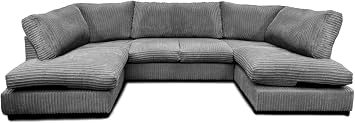 U Shaped Jumbo Cord Sofa - Comfy Large 5 to 6 Seater Corner Sofa Set with Memory Foam Cushions - Modular Design & Removable Covers Couch Settee for Living Room Grey, Full Back