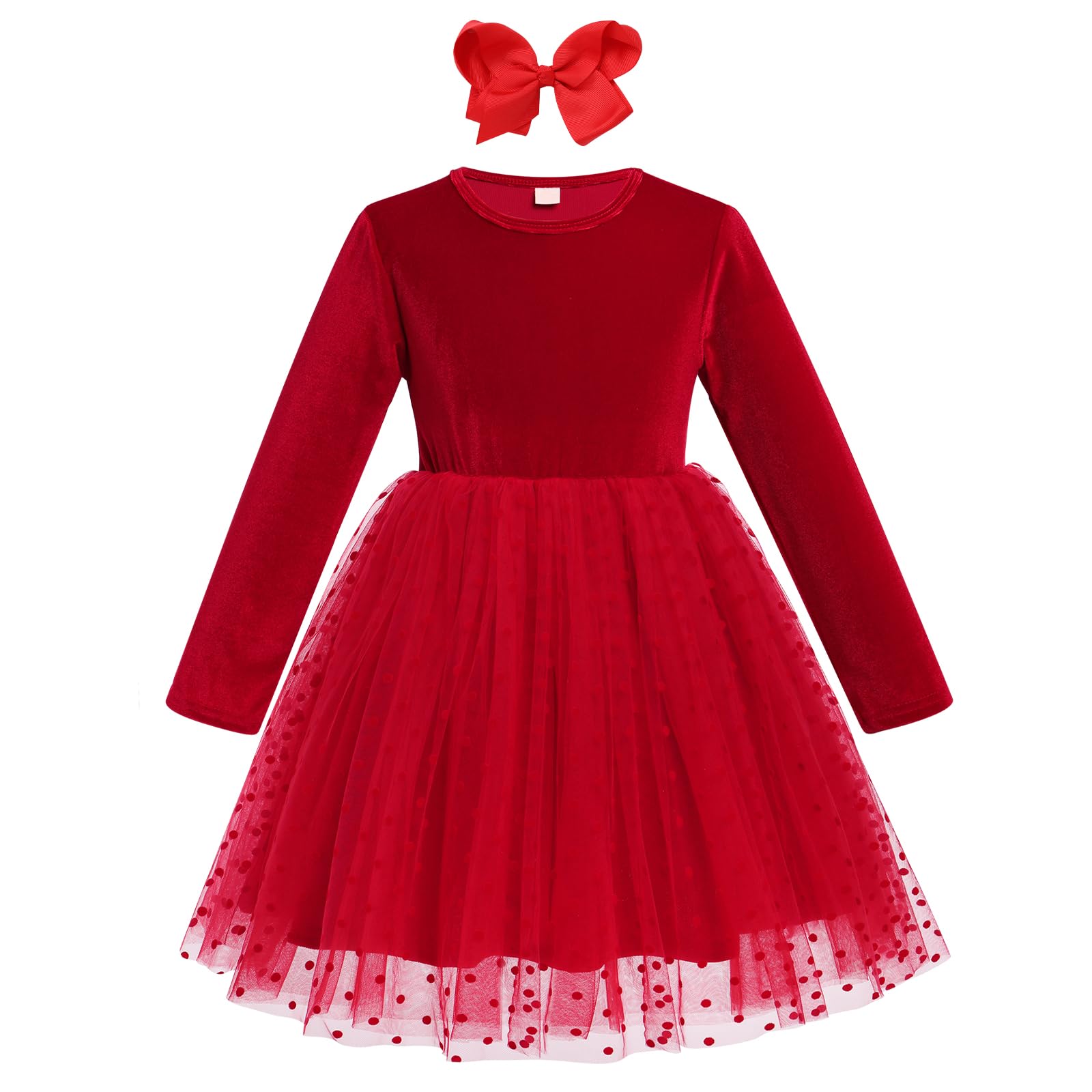Girls Red Velvet Dress Long Sleeve Toddler Velvet Polka Dot Dress for Girls Casual Spring Fall Dress Princess Christmas Party Dress with Headband Winter Outfits Xmas Holiday Wedding Dress Red 3-4 Year