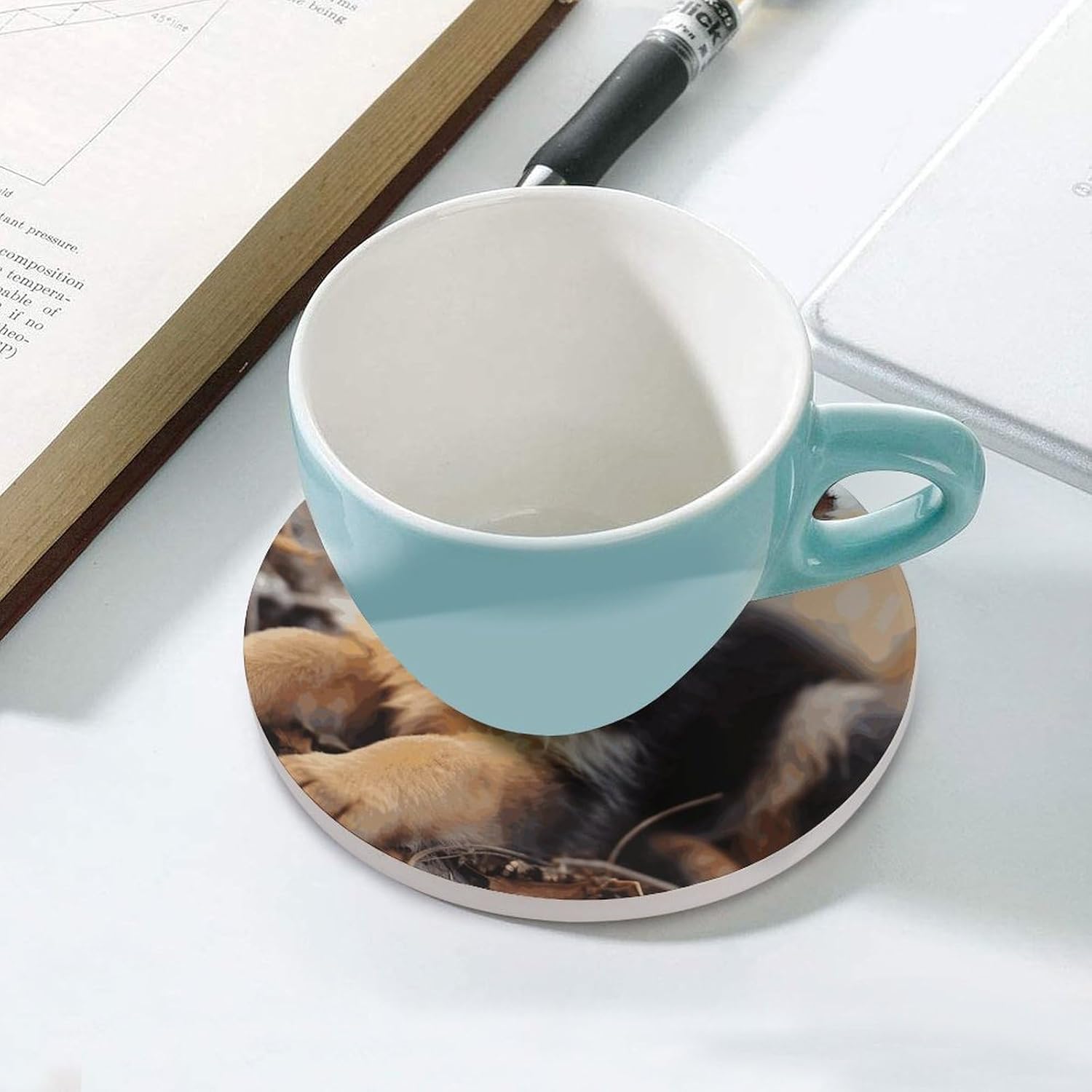 6PCS German Shepherd Puppy Coasters Non-Slip Round Drink Coasters with Ceramic Stone and Cork Base, Heat Resistant Absorbent 33.00Stone Coaster Set for Kinds of Mugs and Cups, 4 Inch