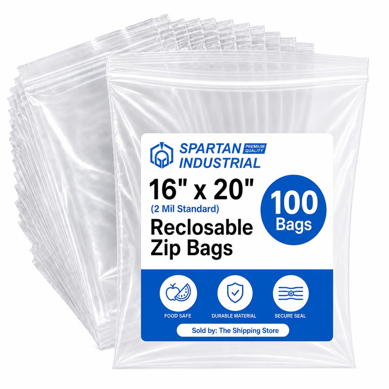Spartan Industrial - Bolsas de polietileno de plástico con cremallera resellable de 16 x 20 pulgadas (100 unidades) de 2 mil con cierre resellable