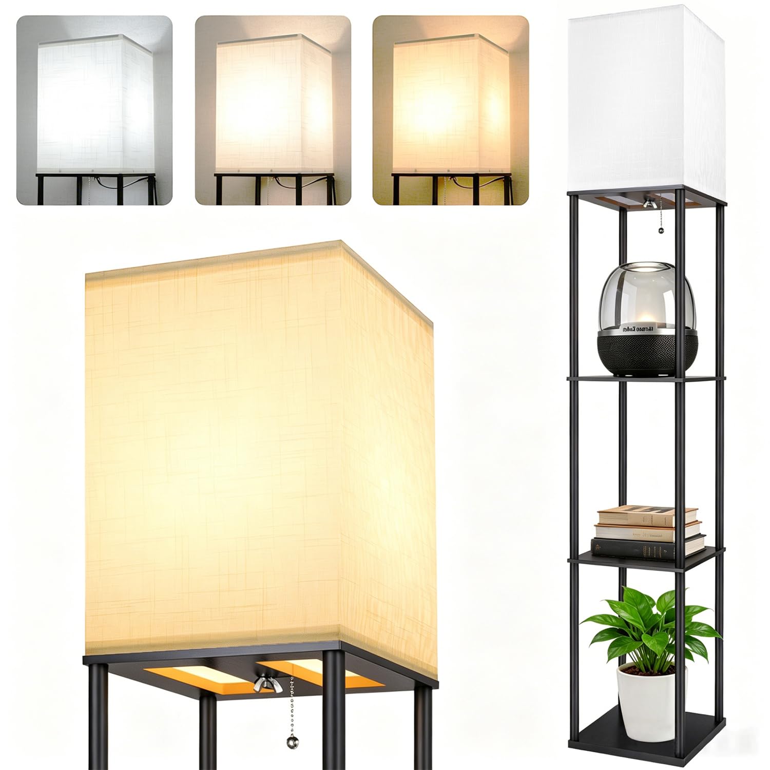 Aimosen Stehlampe mit Regal aus Holz & Metall, LED Stehleuchte mit 3 Farbtemperaturen, 3-stufiges Ablage-Regal, 9W E27 LED, moderne Stehlampe für Wohnzimmer Schlafzimmer Büro, Schwarz