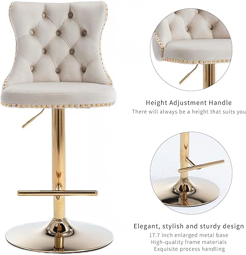 Miniatura 6 de Juego de 2 taburetes de bar giratorios de terciopelo, altura ajustable de 25-33 pulgadas, taburetes de bar con respaldo, sillas de bar para altura