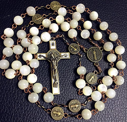 elegantmedical HANDMADE NICE Moonlight Mother of Pearl Beads St. Benedict Rosary necklace bronze Cross gift box Gift2