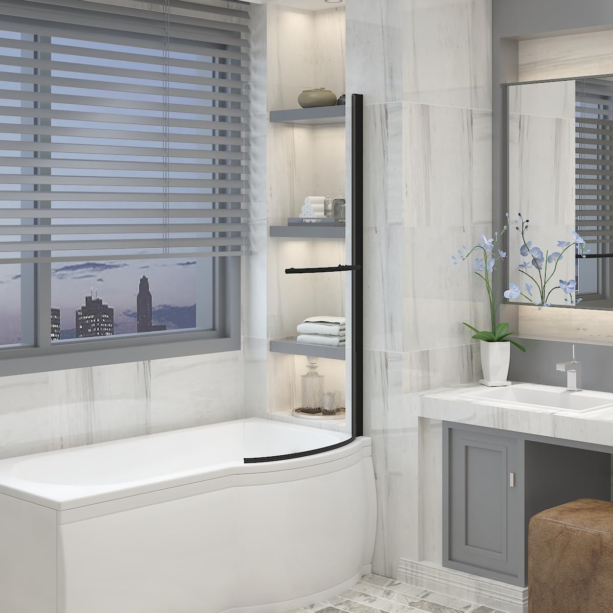 Aquariss Black 715x1400mm Pivot Curved P Shape Bath Screen Panel Aluminium 6mm Toughened Safety Glass with Towel Rail