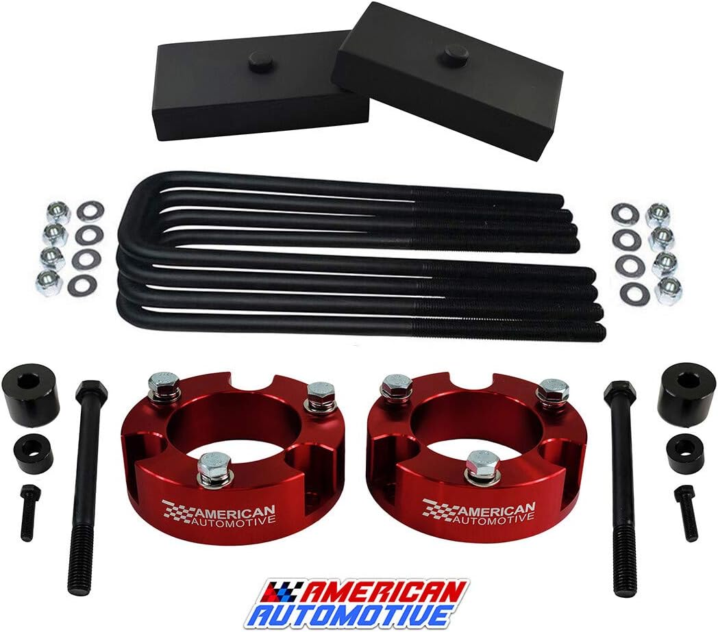 American Automotive Full Lift Kit Compatible 2005+ Tacoma 3" Front Lift Strut Spacers + 1" Rear Lift Blocks + Square Bend U-Bolts + Diff Drop Kit 4WD (Red)