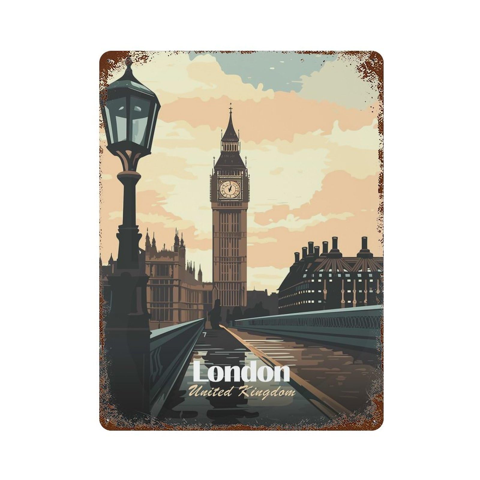 London, United Kingdom Illustration 15.7"x11.8" Aged Metal Wall Plaque, Retro Wall Decor for Farmhouse, Kitchen And Entryway Decor