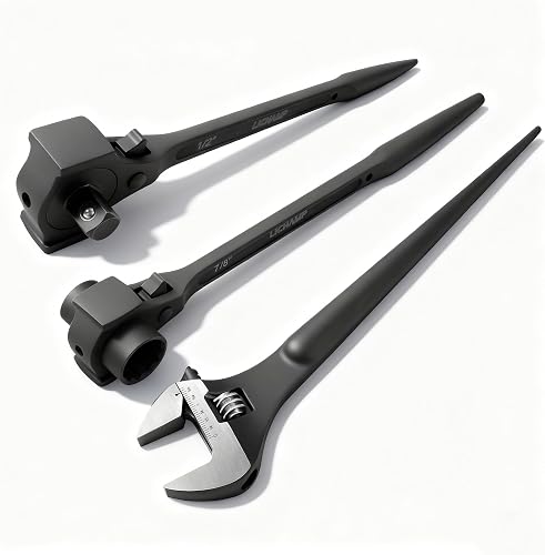 Lichamp 3 Pack 12 In. Spud Wrench Ratchet Set | 3/8" x 1/2" Dual Driver Ratchet, 3/4" x 7/8" Dual Socket Scaffold Spanner, 12 in. Spud Adjustable Wrench