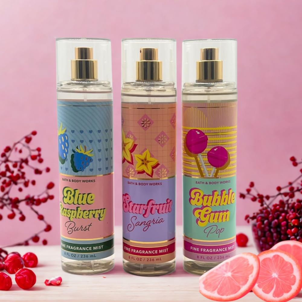 Bath & Body Works STARFRUIT SANGRIA, BUBBLE GUM POP, BLUE RASPBERRY BURST Fine Fragrance Mist 3-piece Gift Set with a Red Bow for Holidays 8 fl oz each - Image 6