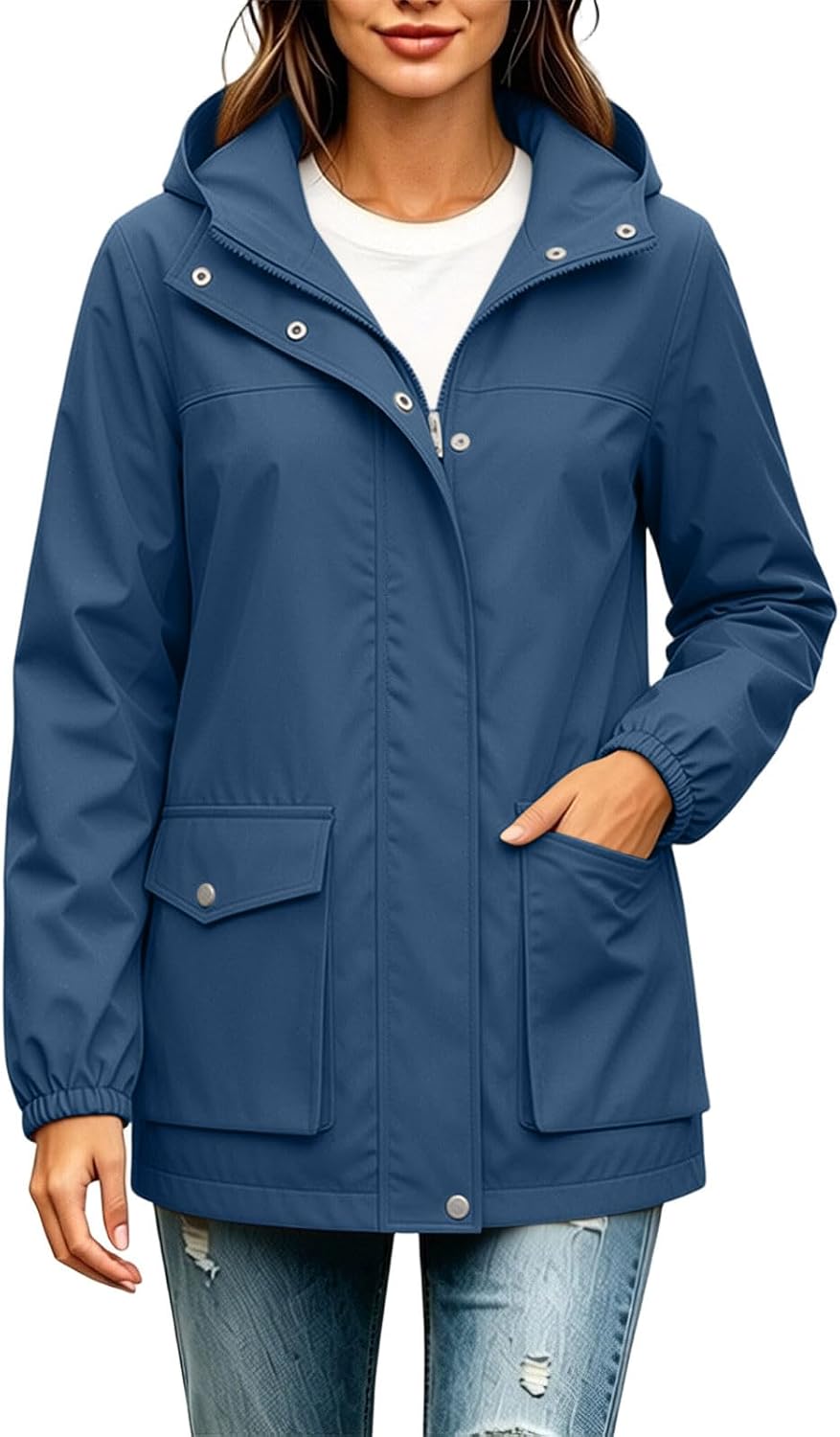Mid Hooded Raincoat for Women Windbreaker Zipper & Snap Front Jackets Fall Winter Outdoor Casual Jacket with Pocket