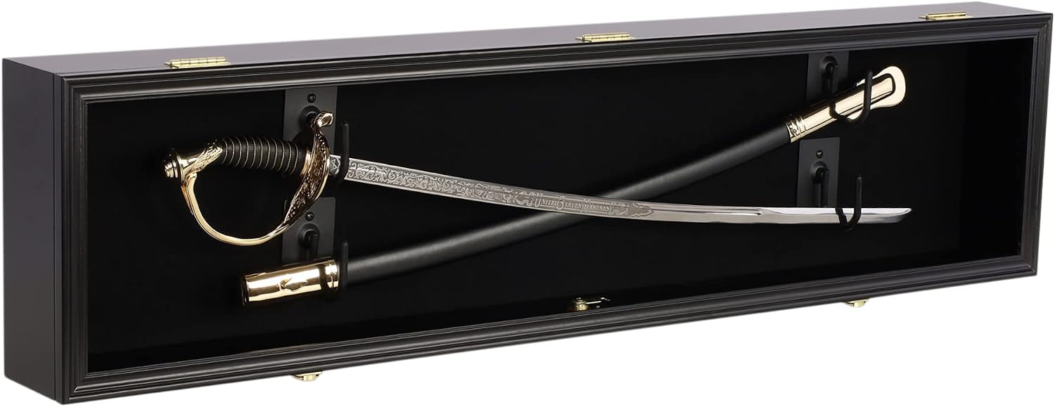 DisplayGifts 44" Long Rifle Gun Shotgun, Saber, Sword or Golf Club Display Case Cabinet Rack Putter Shadow Box w/98% UV Protection Lockable Door (Black Finish)