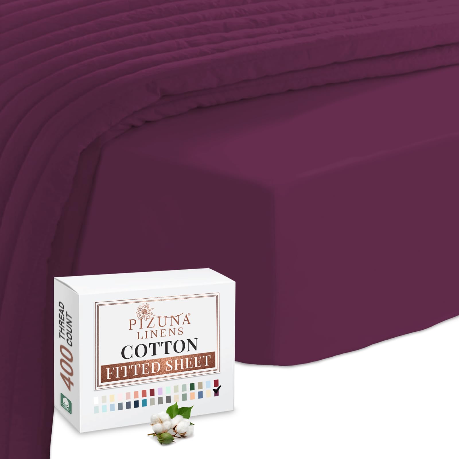 Pizuna 100% Cotton Super King Fitted Sheet Berry Plum, 400 Thread Count Long Staple Cotton Fitted Sheet 180x200 cm, Sateen Weave Sheet Extra Deep 40 cm Fit 1 PC