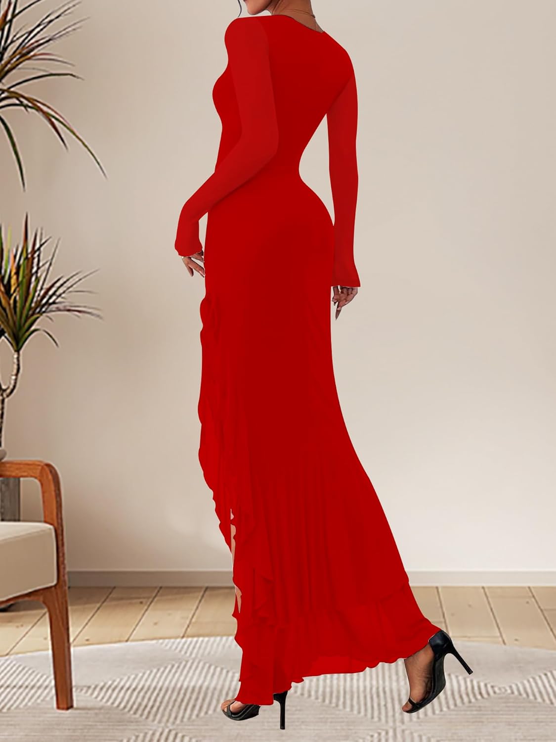 BORIFLORS Women's Bodycon Ruched Mesh Long Sleeve Maxi Dress Mermaid Ruffle Formal Cocktail Party Long Dresses - Image 2