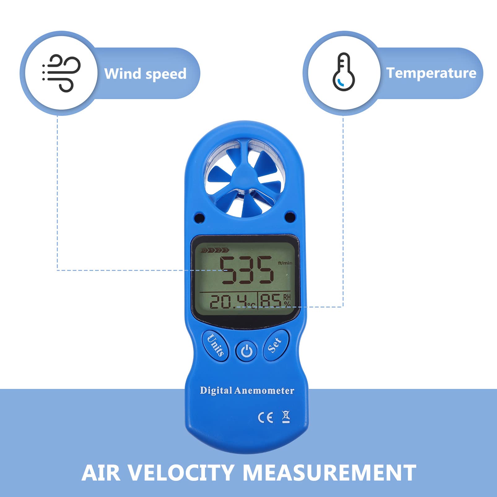 Termoigrometro Digitale Portatile Mini 1 Pezzo Plastica Blu | Misura Velocità Aria e Umidità, Schermo Lcd con Retroilluminazione, Borsa Inclusa