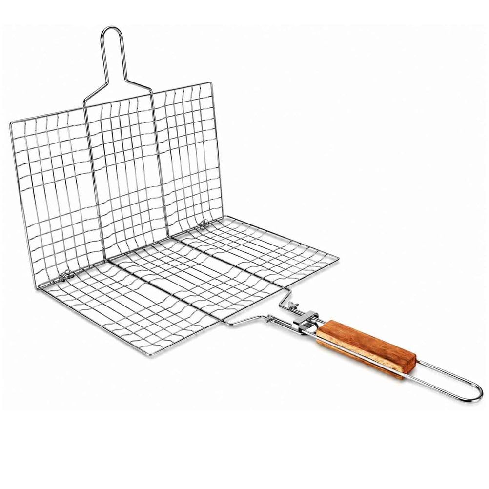 Cestello Grill BBQ Portatile, Cestello Barbecue in Acciaio Inox con Manico in Legno e Blocco, Cestello Pieghevole per Pesce, Carne, Verdure, Gamberi e Camping | 1