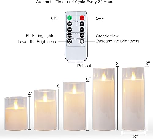 Miniatura 6 de Homemory Velas parpadeantes sin llama de color blanco puro, velas LED acrílicas con control remoto y temporizador, juego de 5