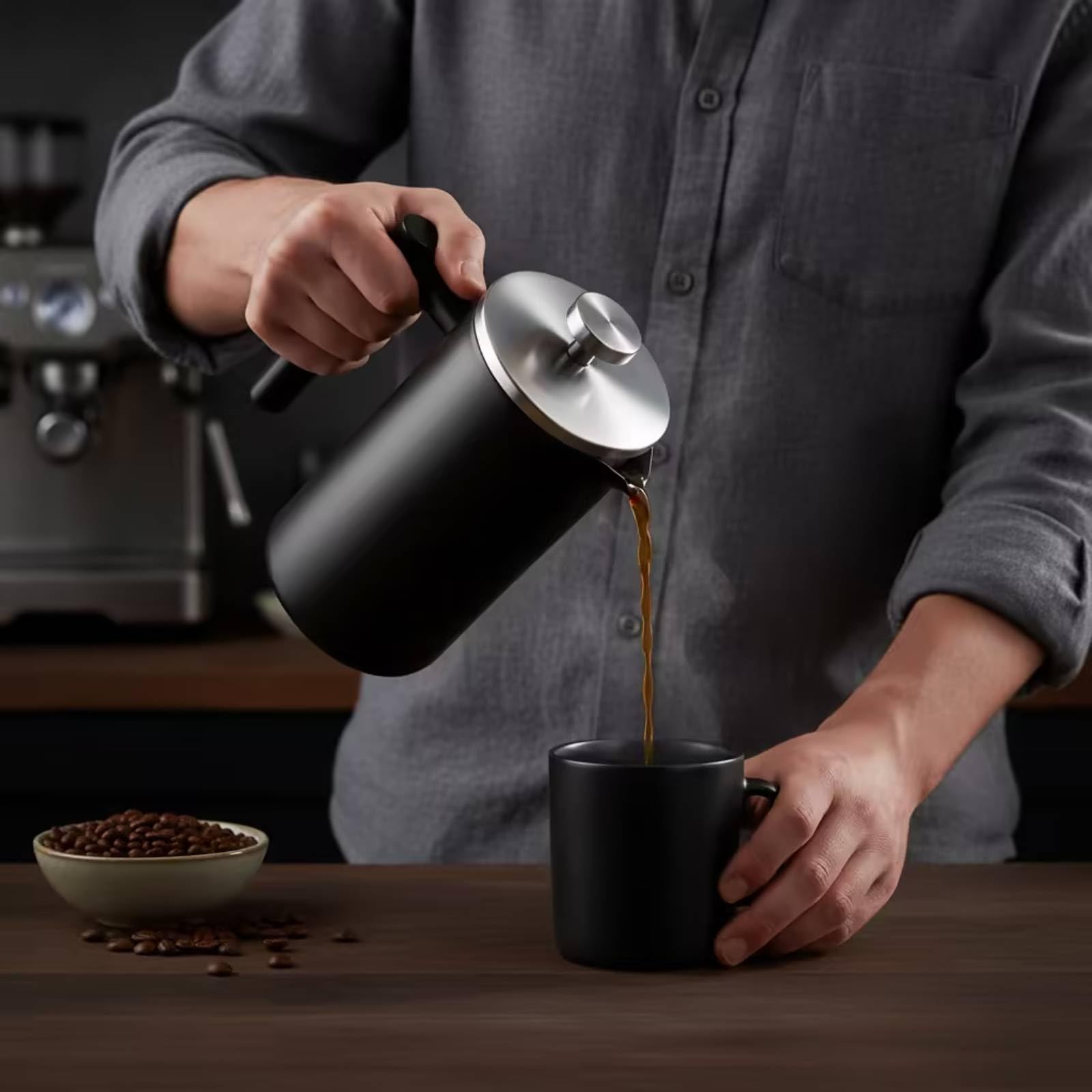 Cafetera Émbolo Francesa Acero Inoxidable Émbolo Francesa con Doble Filtro Negro Opaco Cafetera con Filtros para Hogares, sayuno, Cocina, Oficina